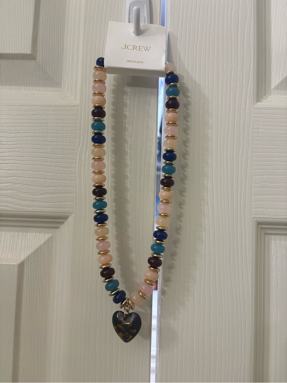 New - J. Crew Multicolor Beaded Heart Pendant Necklace - Pink, Blue, Navy